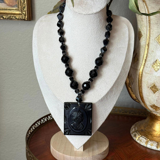 Vintage Carved Ebony Lucite Cameo Pendant black mourning cameo necklace