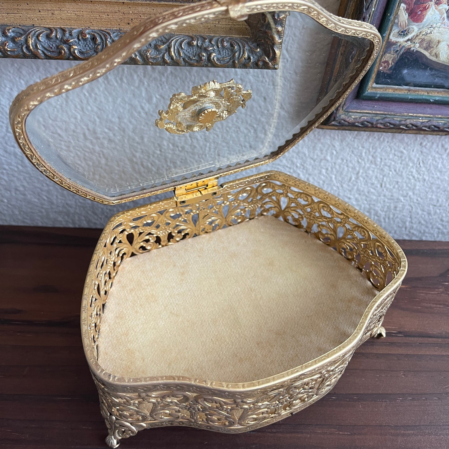 Art Nouveau Gold Gilded Glass Display Jewelry Chests Curio vanity trinket box