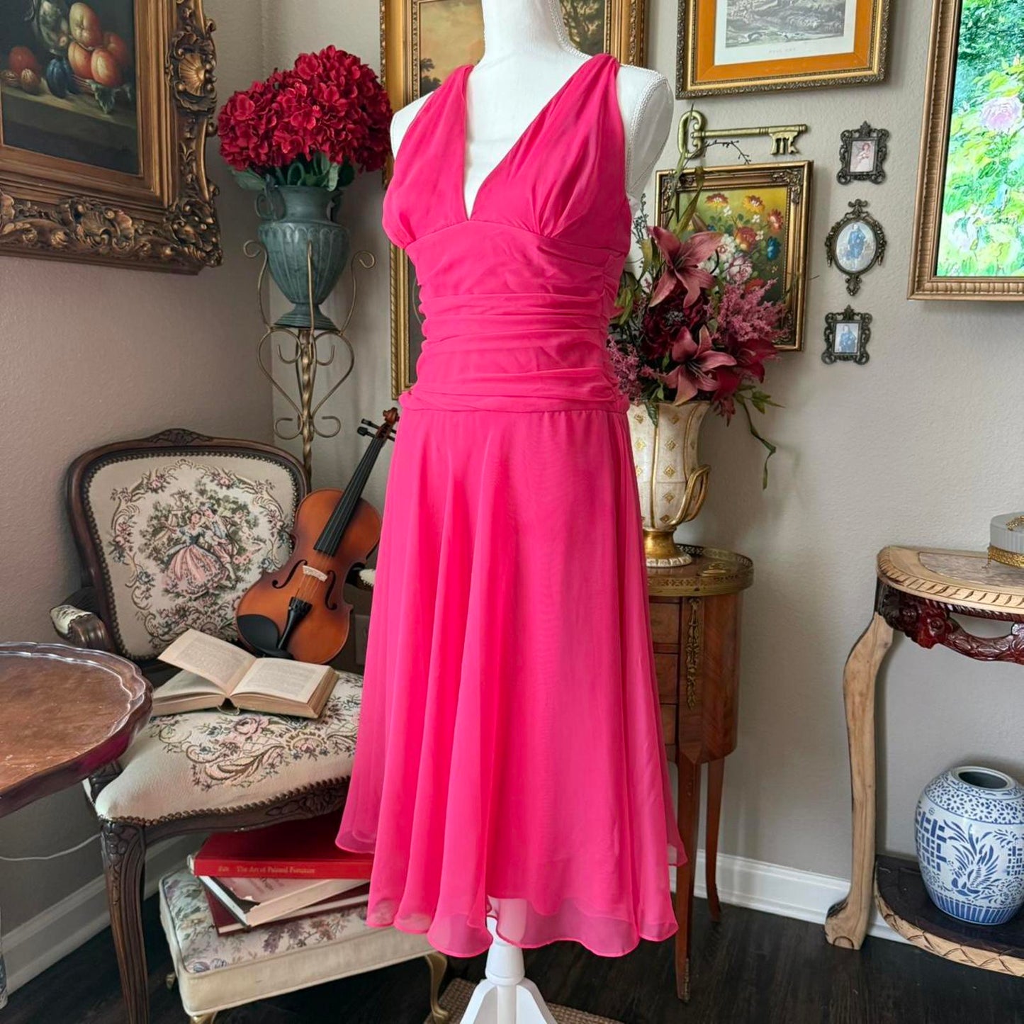 Pink After Six midi dress with ruching and V-neckline