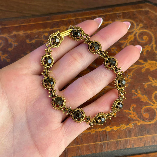 Vintage Gold Tone with Brown Glass Rhinestone Chain Bracelet