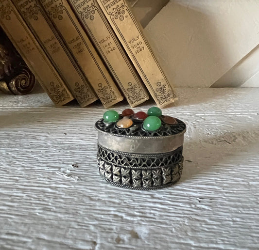 Etruscan Style Small Trinket Box with Blown Glass Cabochons