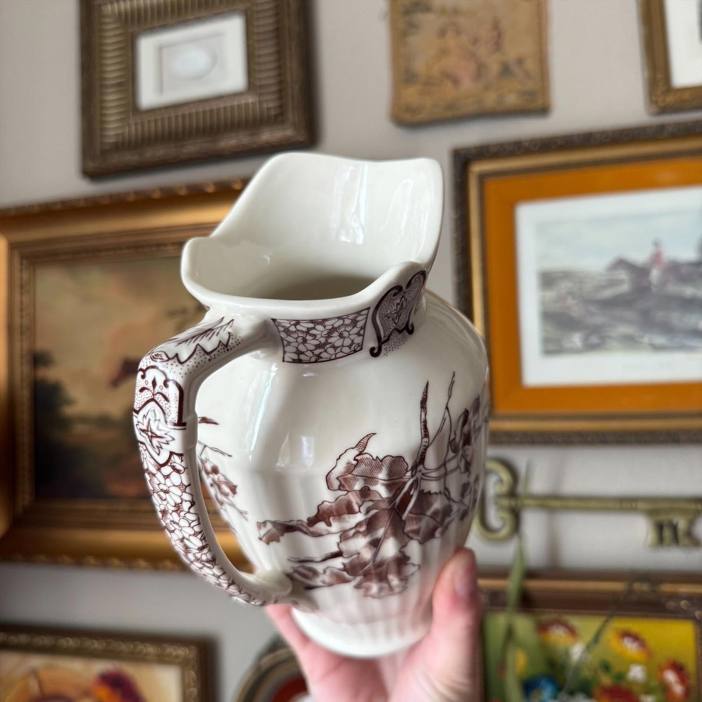 Vintage Two's Company Cream and Brown Floral Vase
