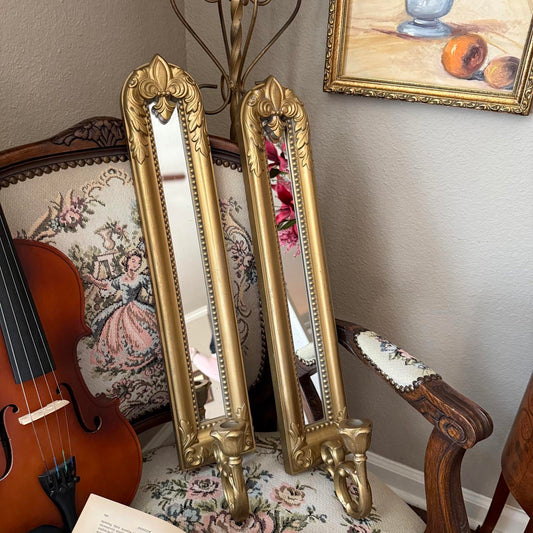 Vintage Gold Mirrored Wall Pillar Candleholders
