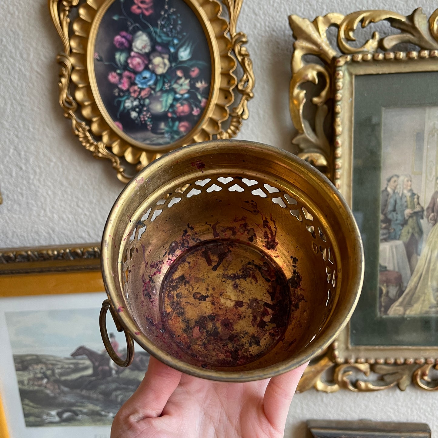 Vintage Brass Bowl with Pierced Hearts and circle Handles Made in India