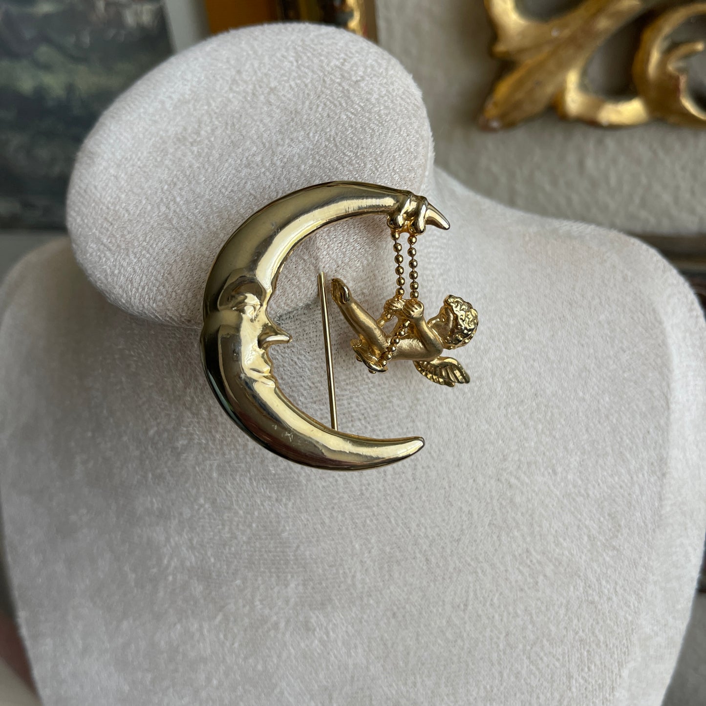 Vintage angel angel swinging from moon pin Signed Danecraft brooch