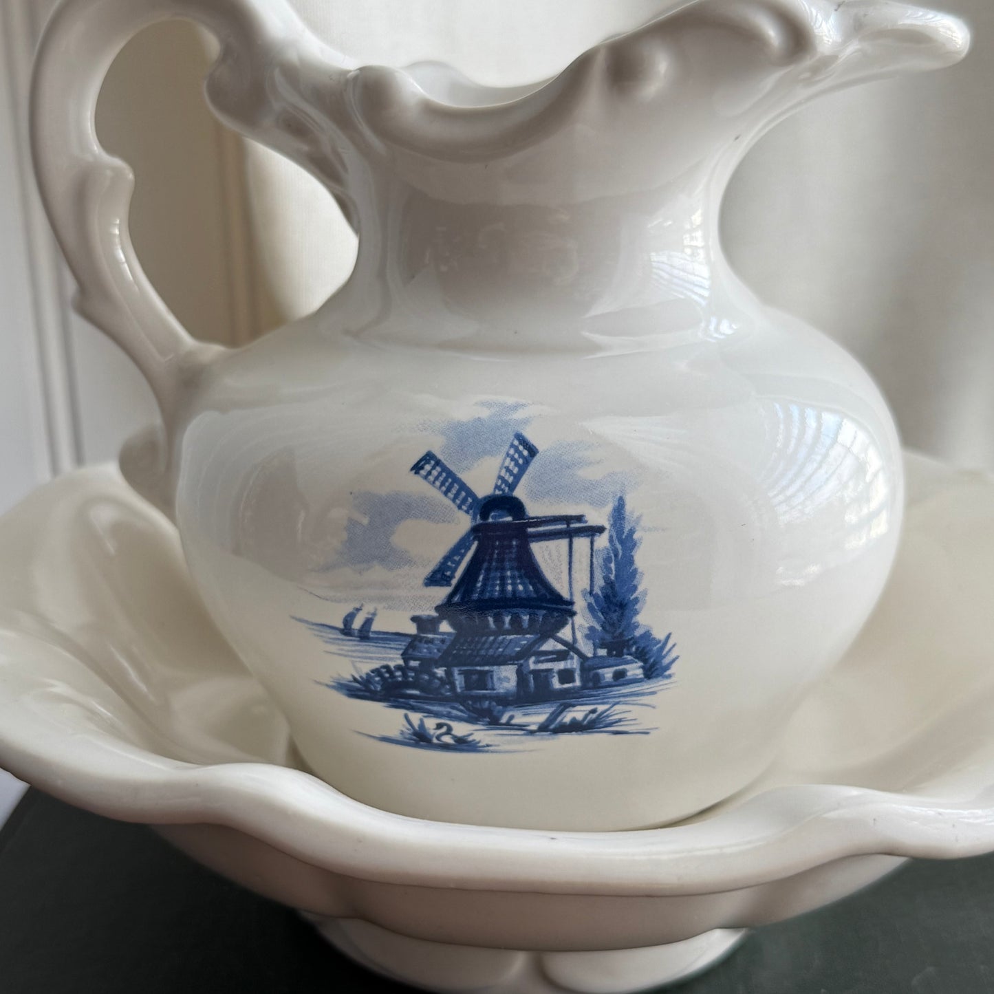 McCoy Pitcher Ewer Bowl Set Off White Blue Windmill