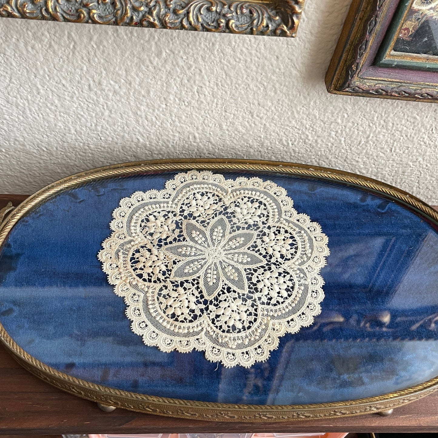Vintage Antique Royal Blue velvet & Lace Footed Oval Dresser vanity Tray