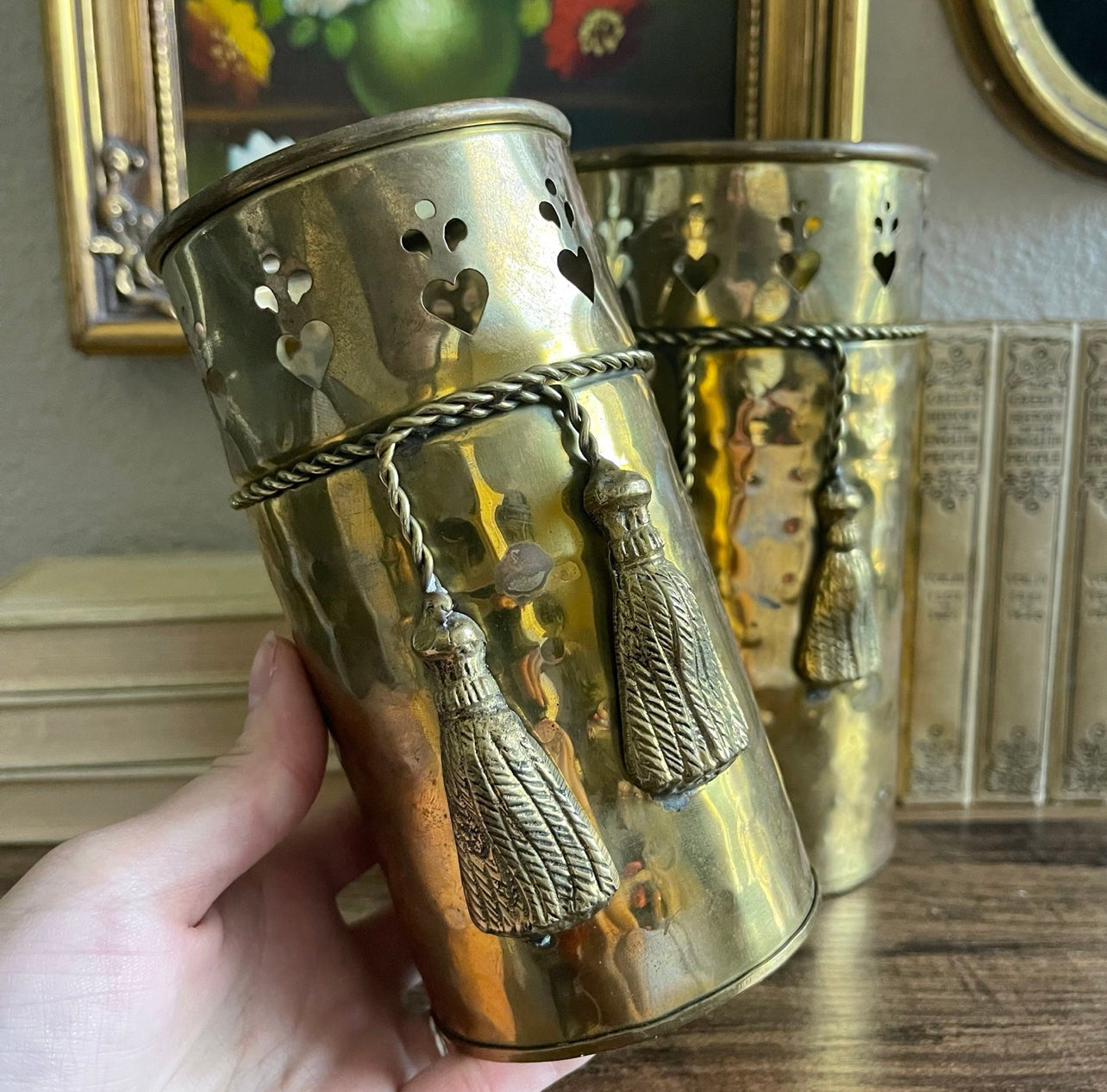 Vintage brass tin tassle canister set