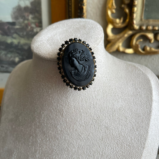 Vintage black glass with rhinestone cameo brooch pendant