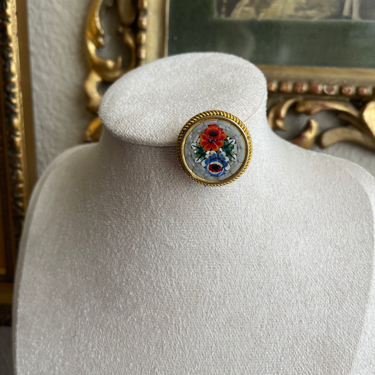 Antique Vintage Italy Micro Mosaic Round Flower Pin Brooch