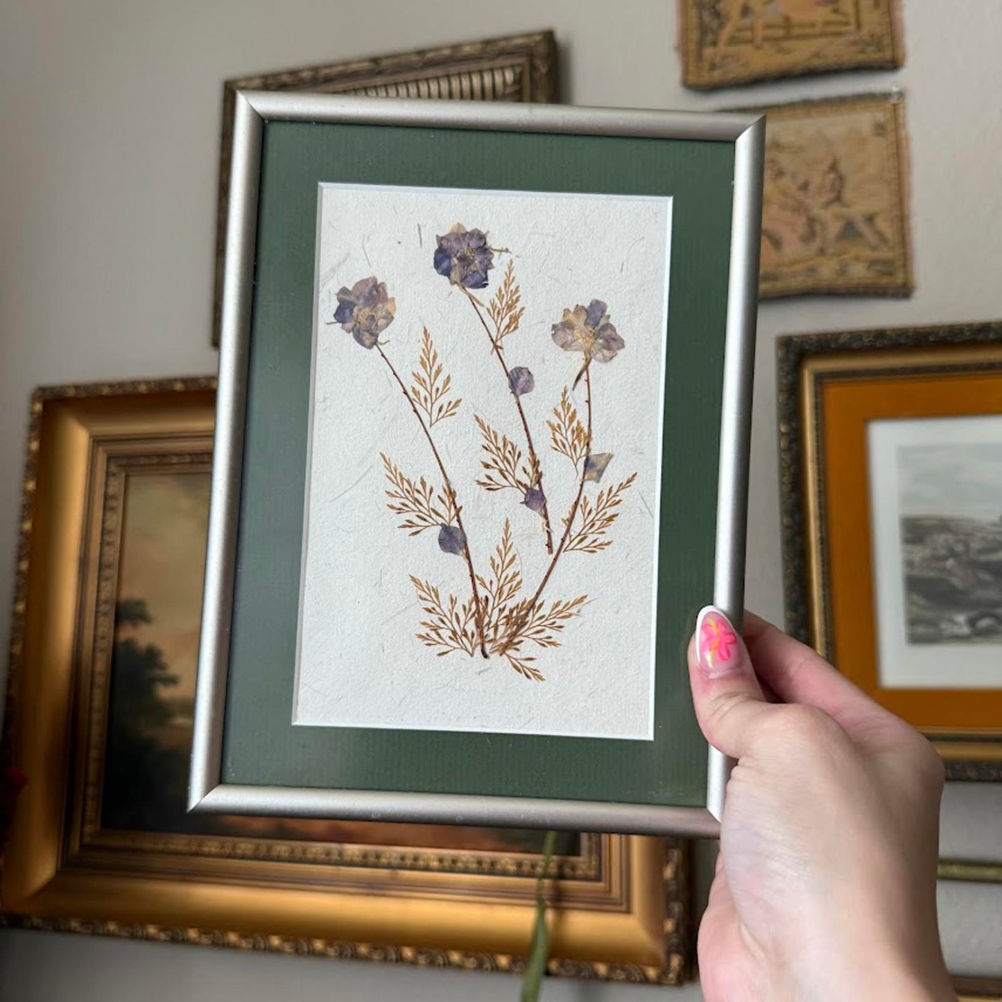 Vintage Large Metal Framed Pressed Flower Artwork