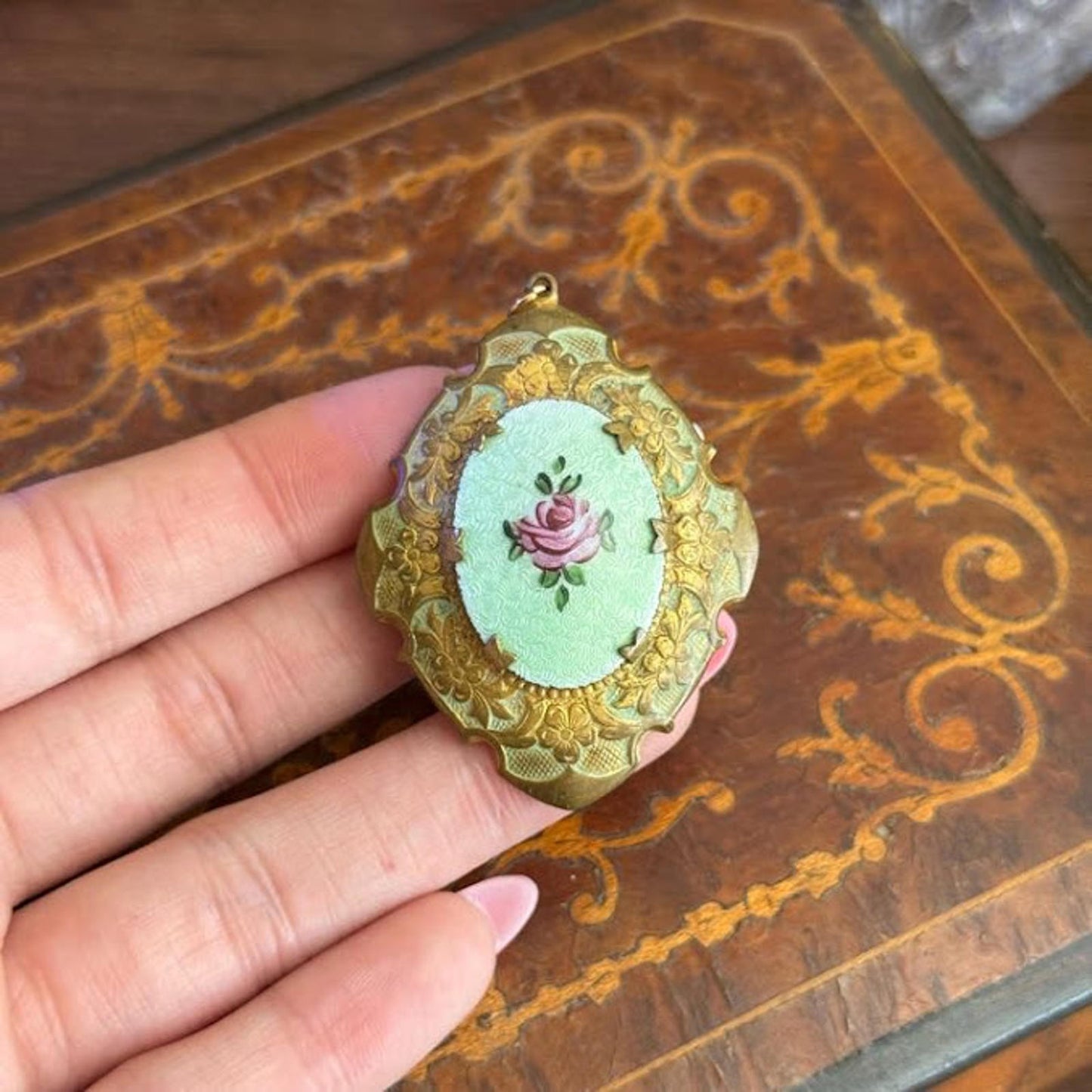 French Guilloche Enamel Secret Locket Pendant Gold & Hand Painted Rose