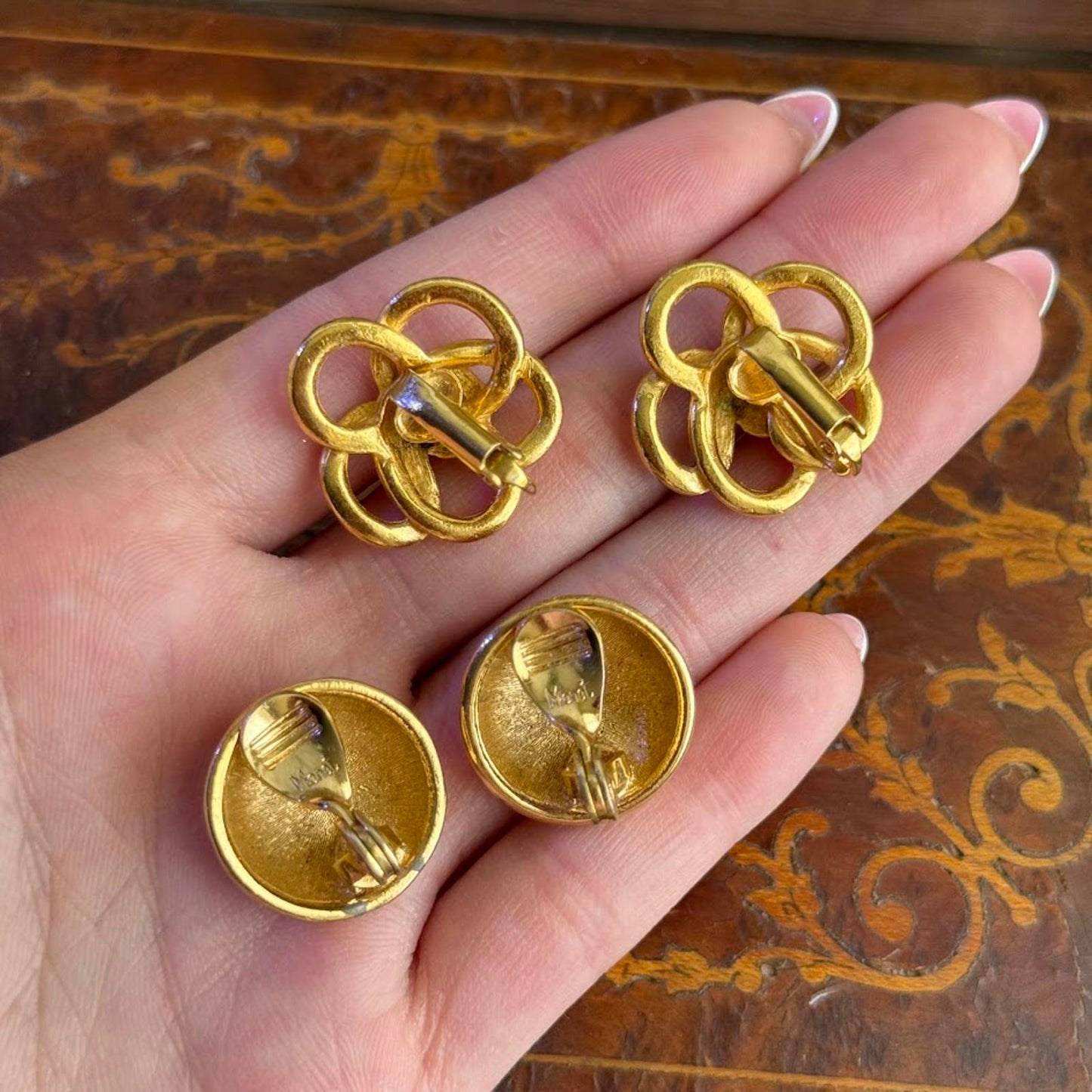 Vintage Knot gold tone earrings & Vintage Gold tone circle Monet Earrings