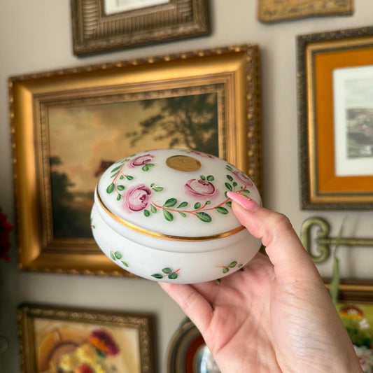 Vintage Hand Painted Floral Lidded Glass Dish
