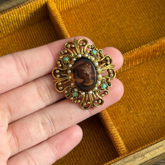 Vintage Florenza Cameo Brooch with Faux Turquoise and Pearls