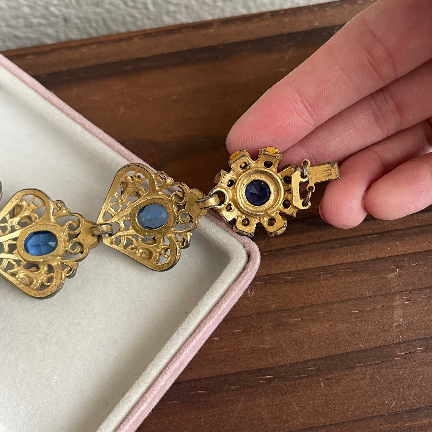 Vintage Blue Glass Rhinestone And Filigree Bracelet