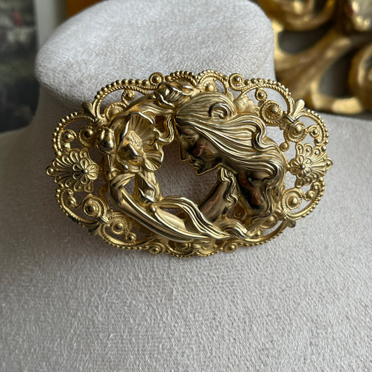 Vintage Art Nouveau gold tone Woman brooch