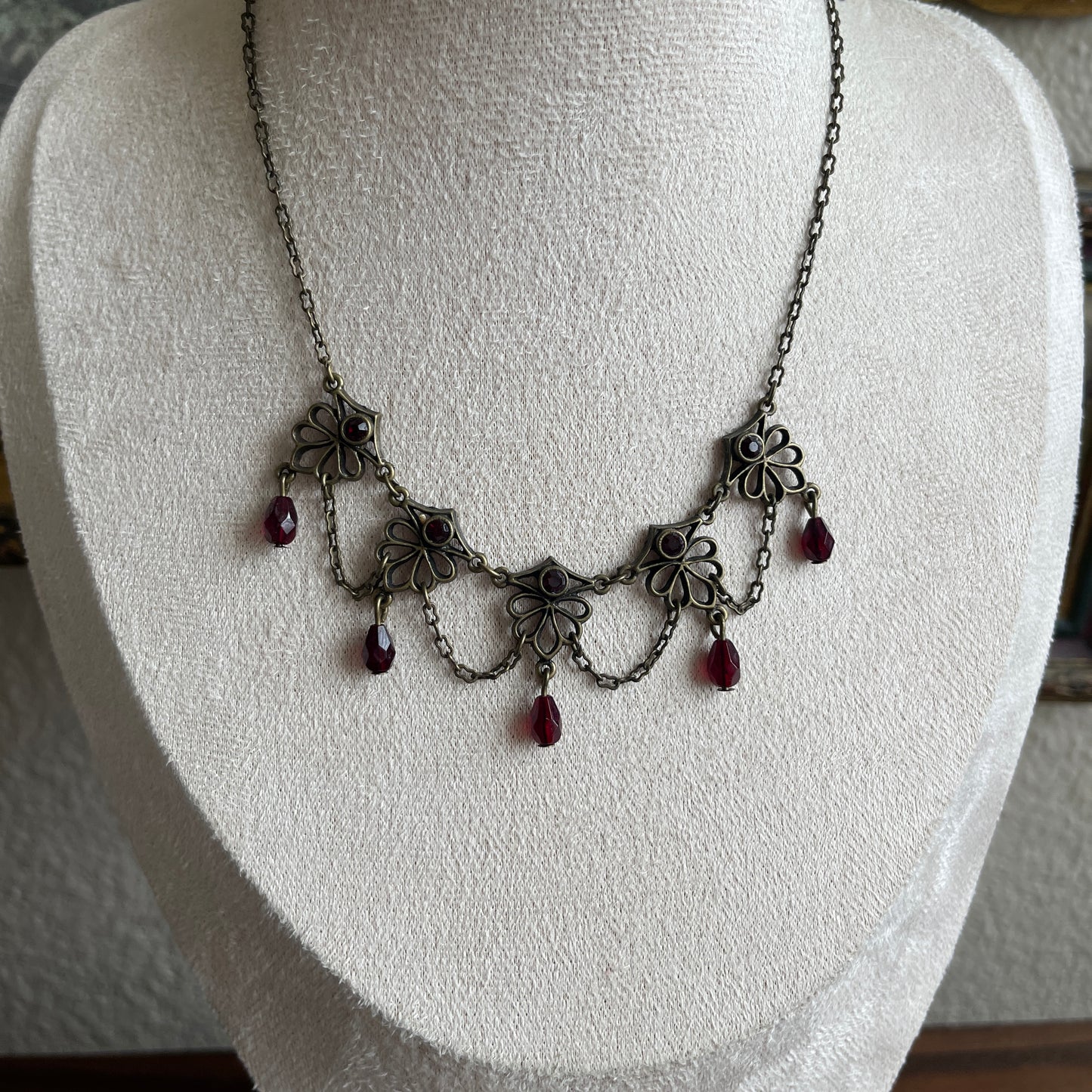 Robert Rose Necklace Amber & Bronze Tone Drape Rhinestone Facted Drop Choker