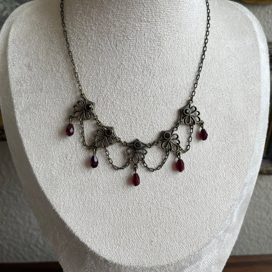 Robert Rose Necklace Amber & Bronze Tone Drape Rhinestone Facted Drop Choker