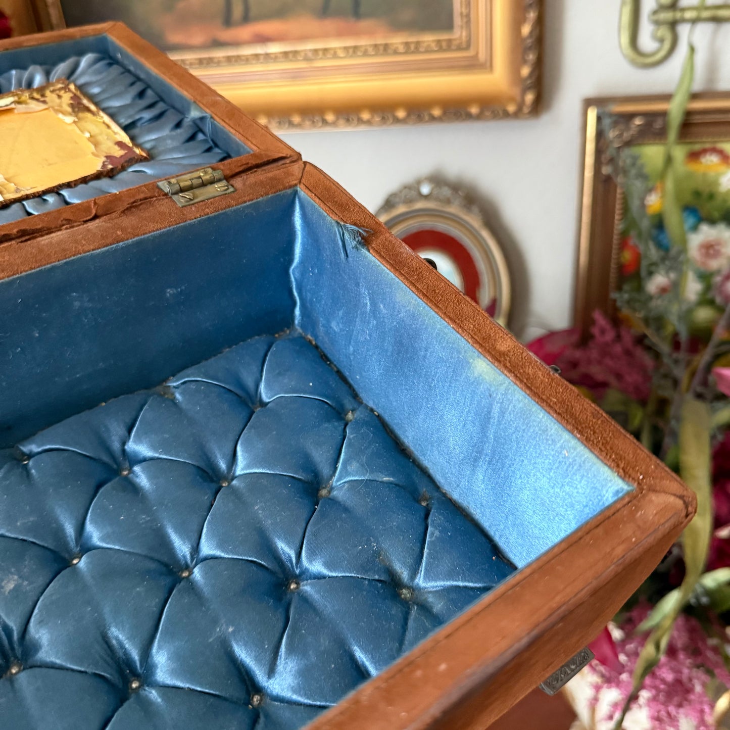 Vintage Ornate Velvet Jewelry Box – Blue Satin Tufted Interior, Decorative Metal Trim & Feet, Mid-Century Asian Design