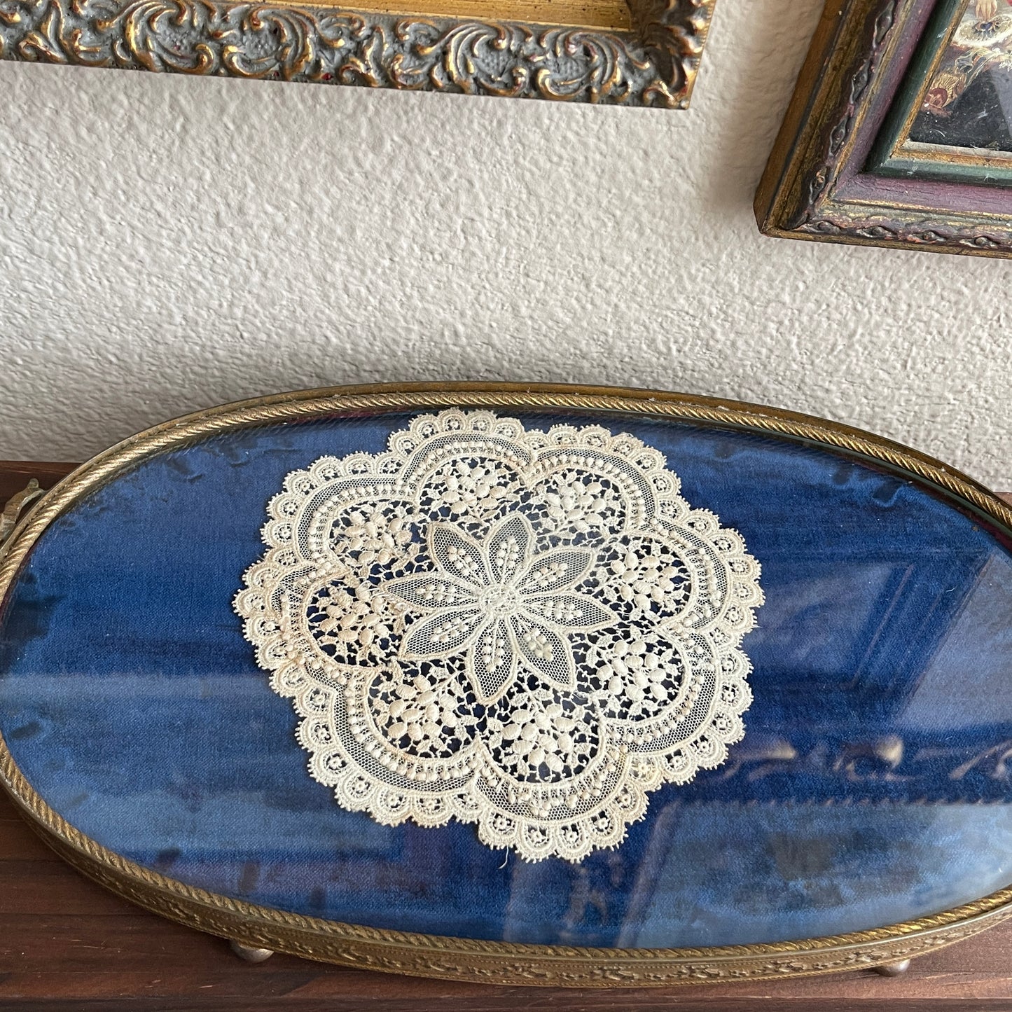 Vintage Antique Royal Blue velvet & Lace Footed Oval Dresser vanity Tray