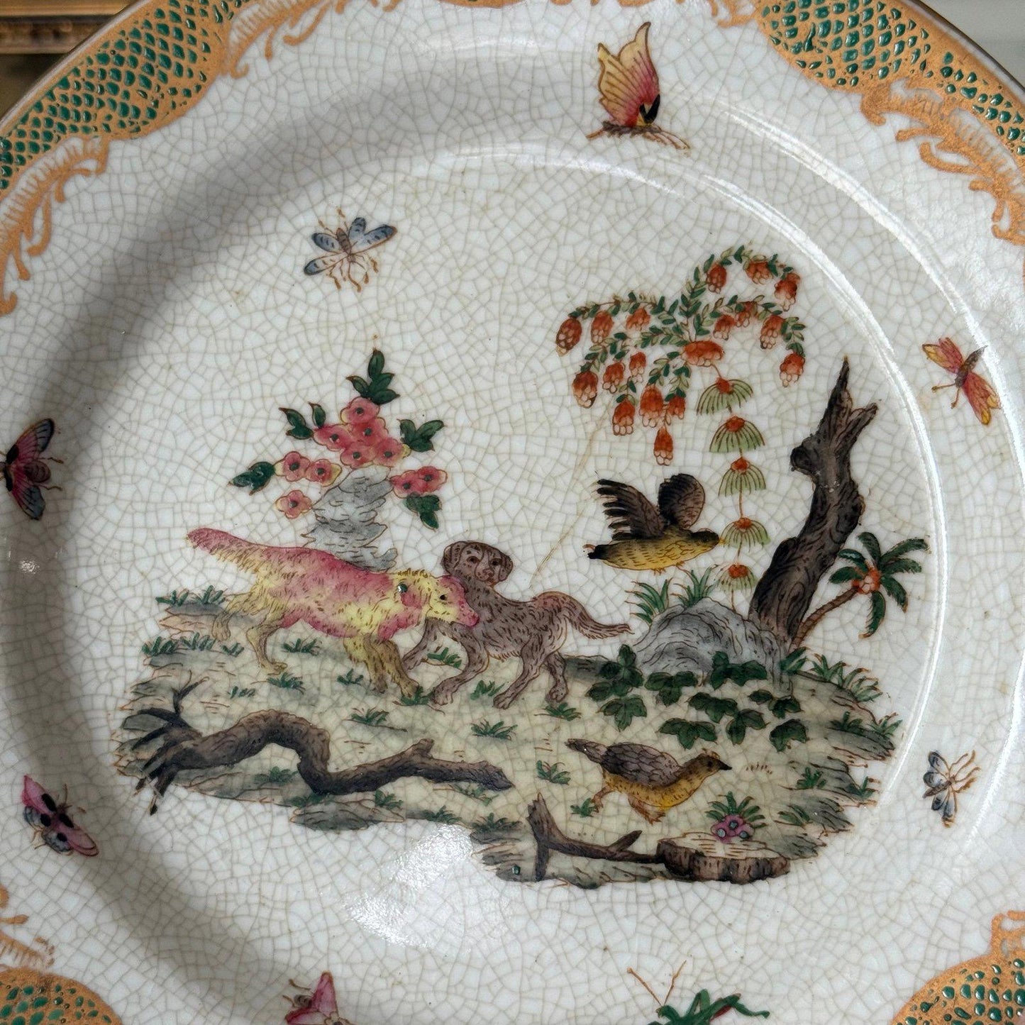 Vintage Decorative Porcelain Plate Crackle Glaze Dog & Bird Scene