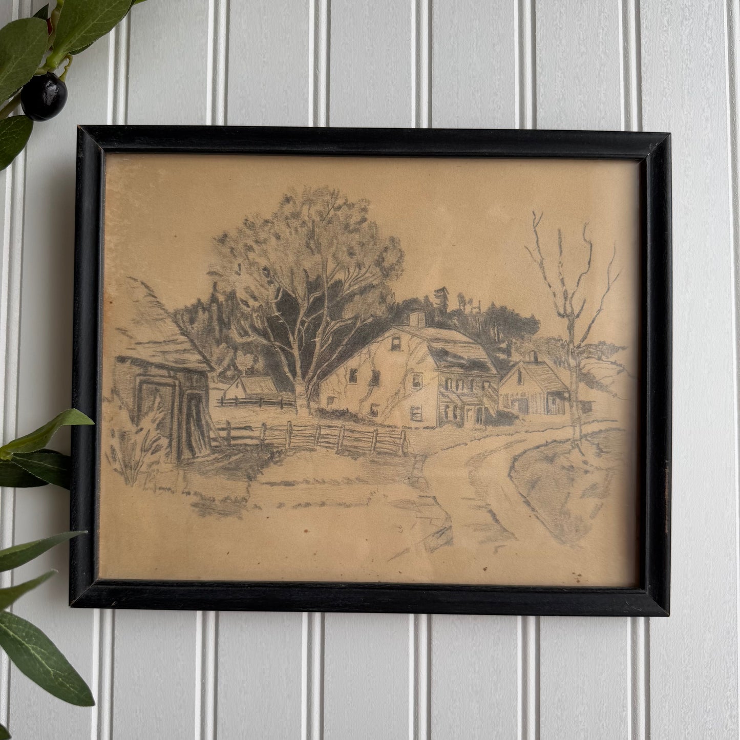 Vintage Barn sceney drawing Framed