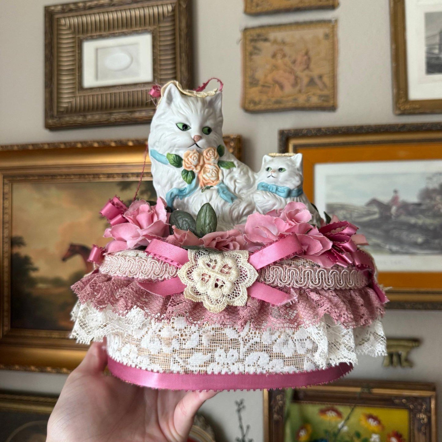 Vintage Handmade Persian porcelain cat Basket