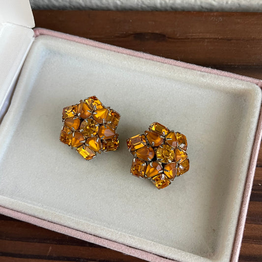 Vintage Rhinestone amber color clip on earrings