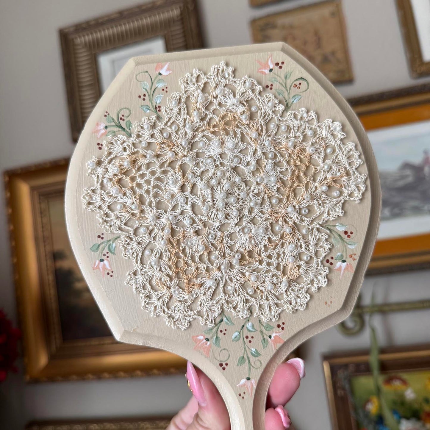 Vintage Hand Mirror with Lace Detailing