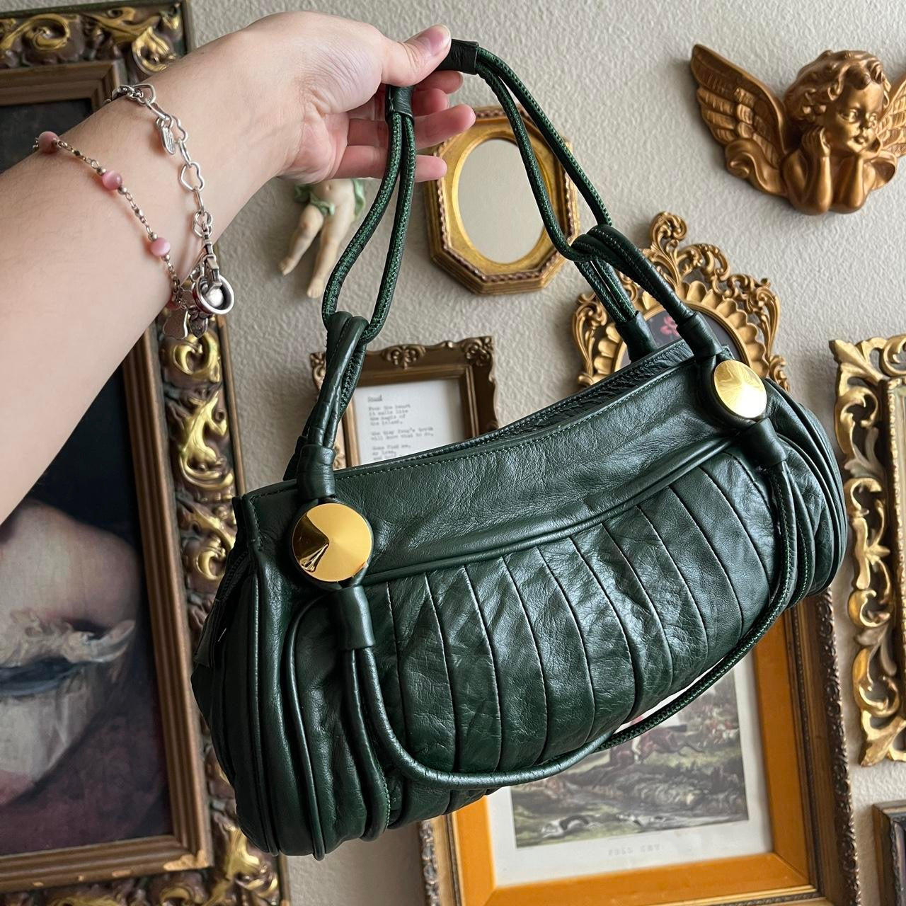 Faux leather deep green shoulder bag purse with gold detail