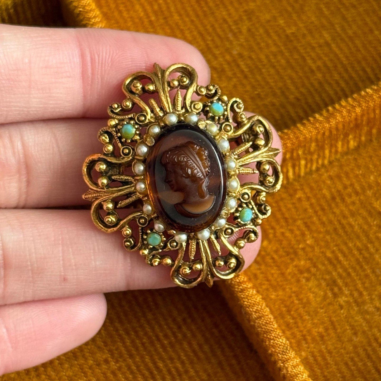 Vintage Florenza Cameo Brooch with Faux Turquoise and Pearls