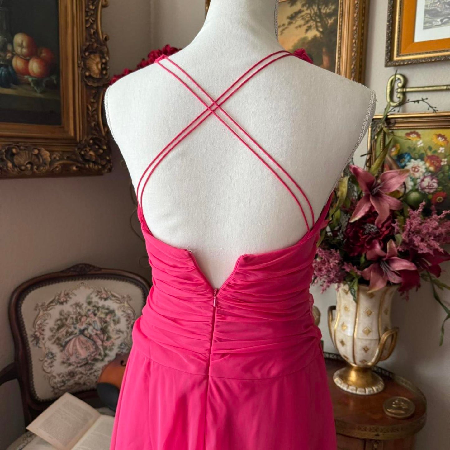Pink After Six midi dress with ruching and V-neckline