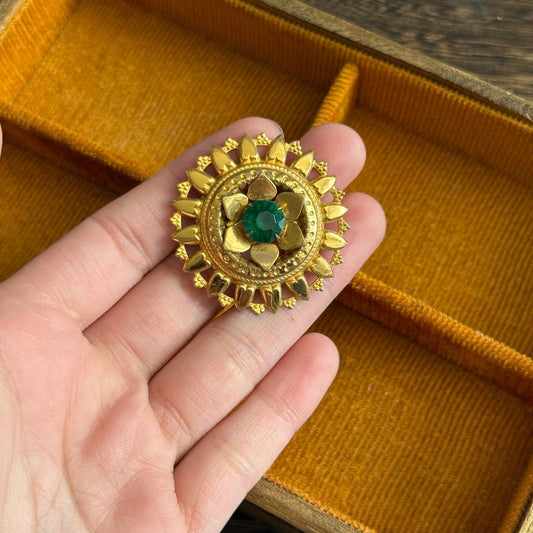 Vintage Mandala Brooch with Green Center Stone