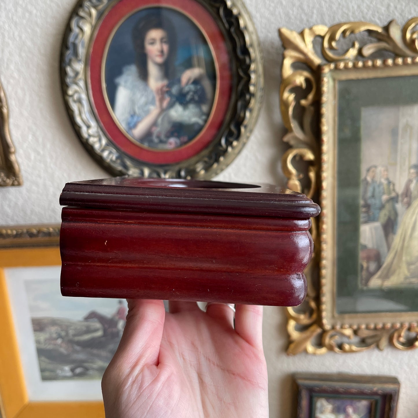 Vintage Small Wood Jewelry Box With Glass Lid And Painted Floral Design