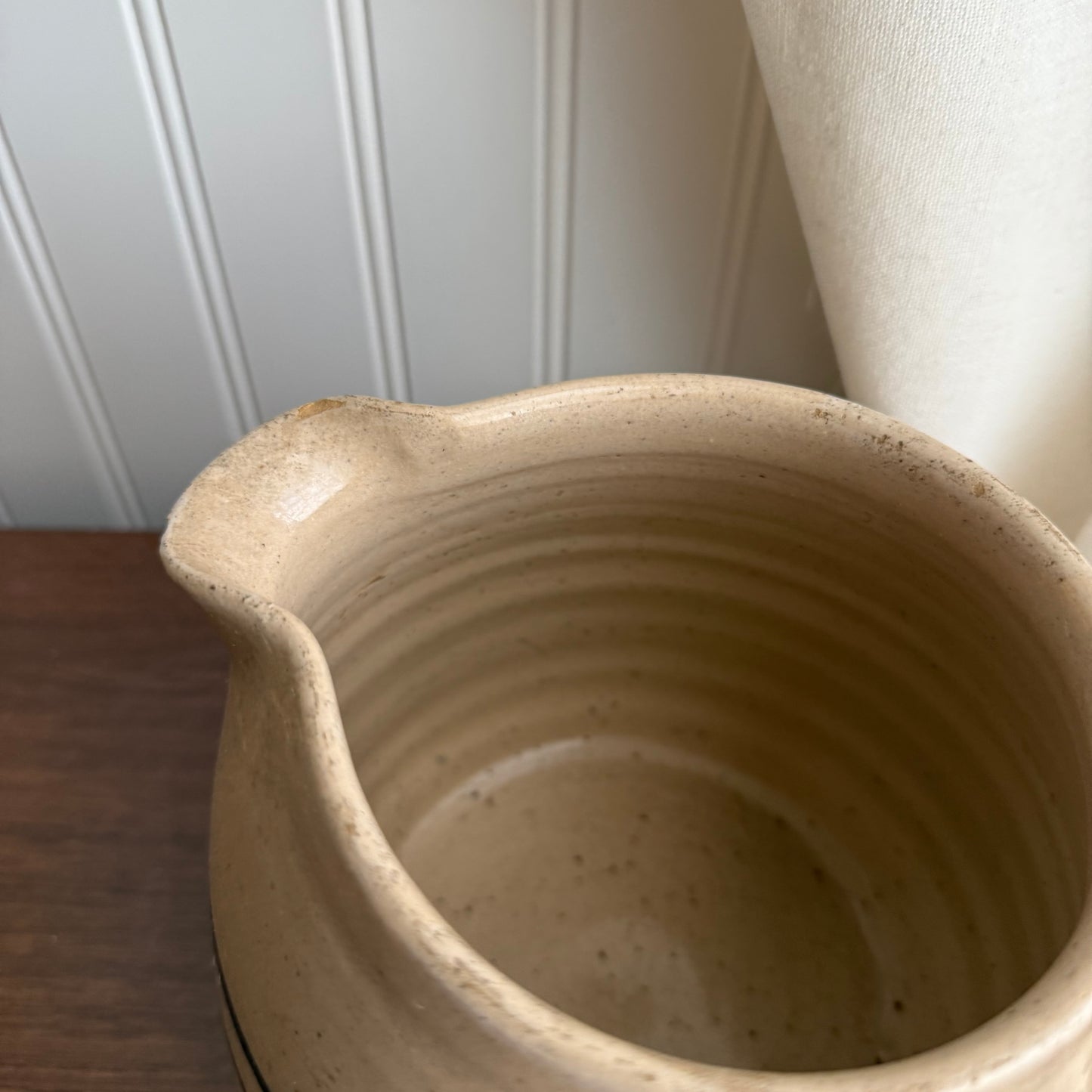 Vintage crock Tan Blue Stripes pottery