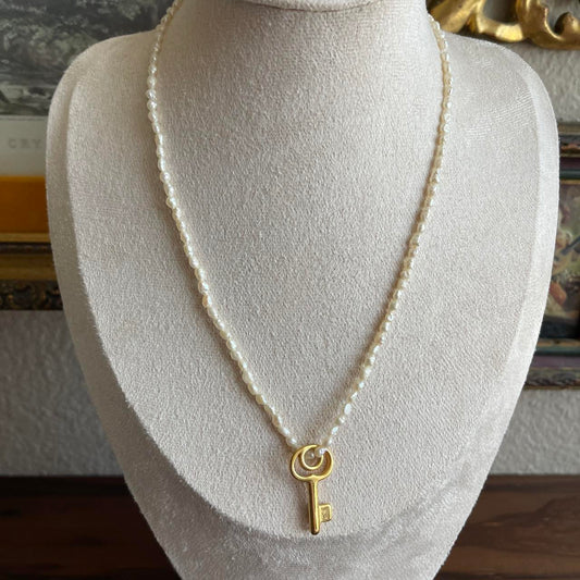 Vintage Pearl and gold tone key pendant necklace