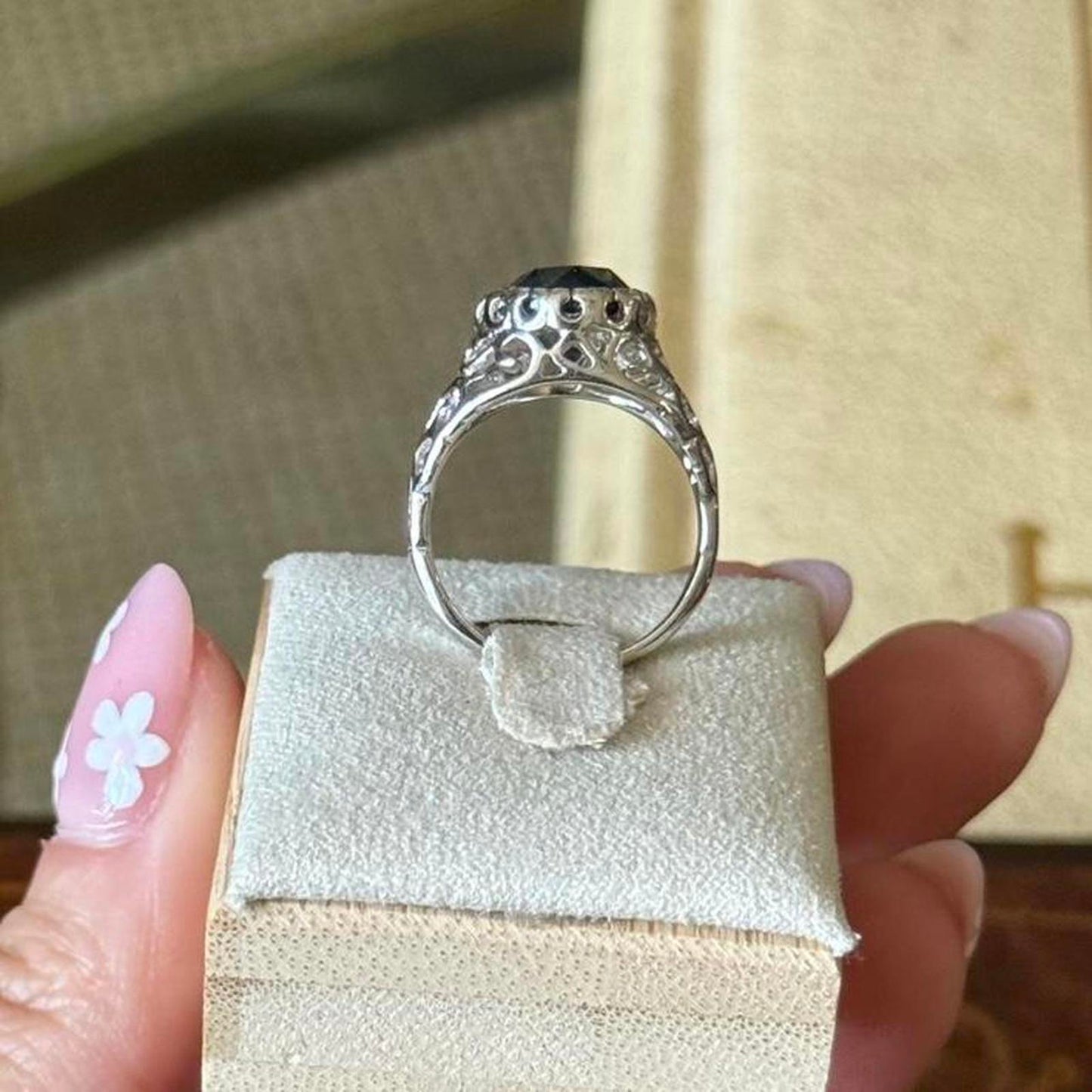 Vintage Silver tone Electroplated Blue Sapphire faux Glass Ring