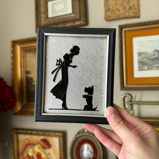 Vintage Scottie dog & Girl Silhouette glass Art Deltex
