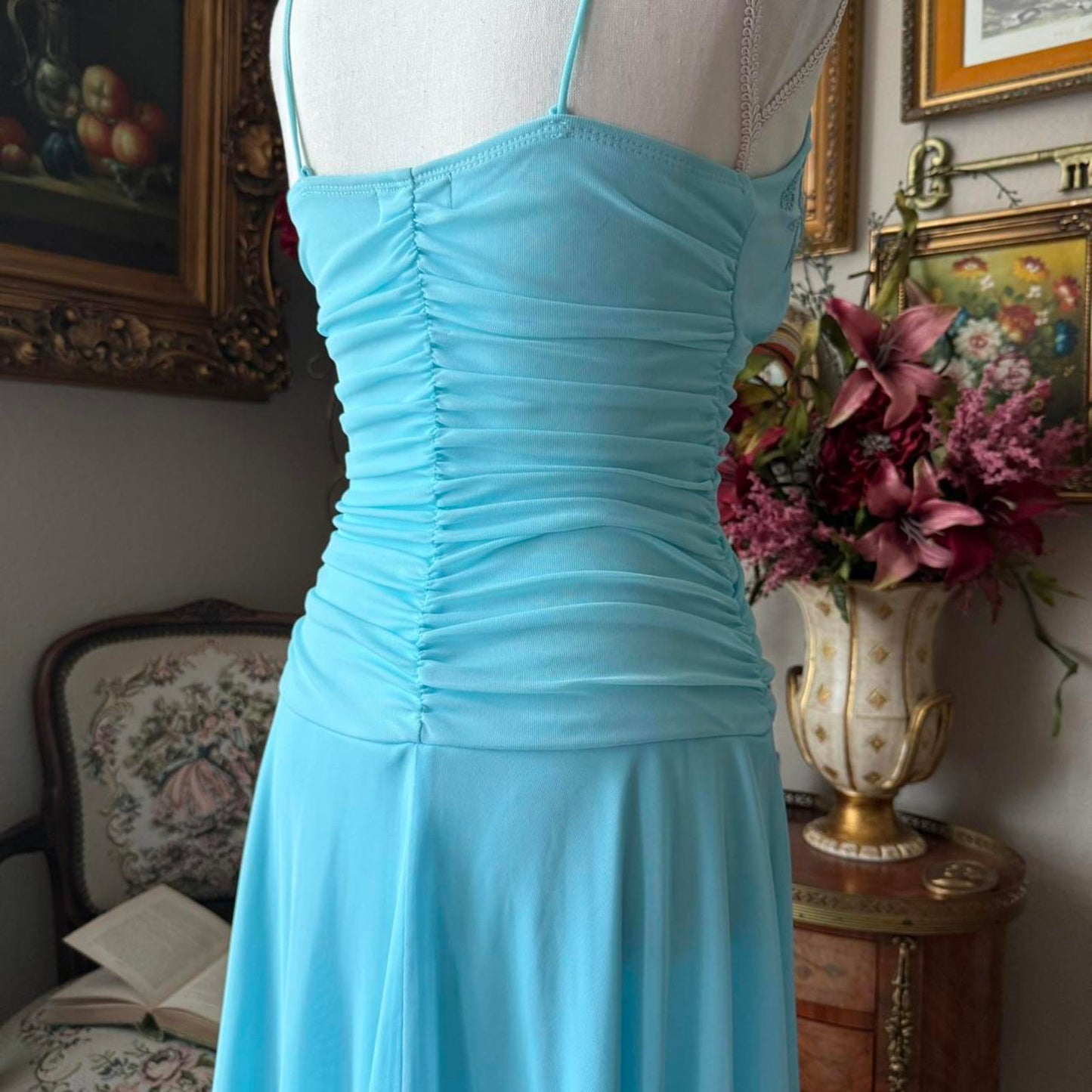 Trixxi Blue lace beaded fairy dress with ruched bust and asymmetrical hem