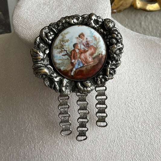 Unique porcelain courting couple scenery silver tone dangle brooch