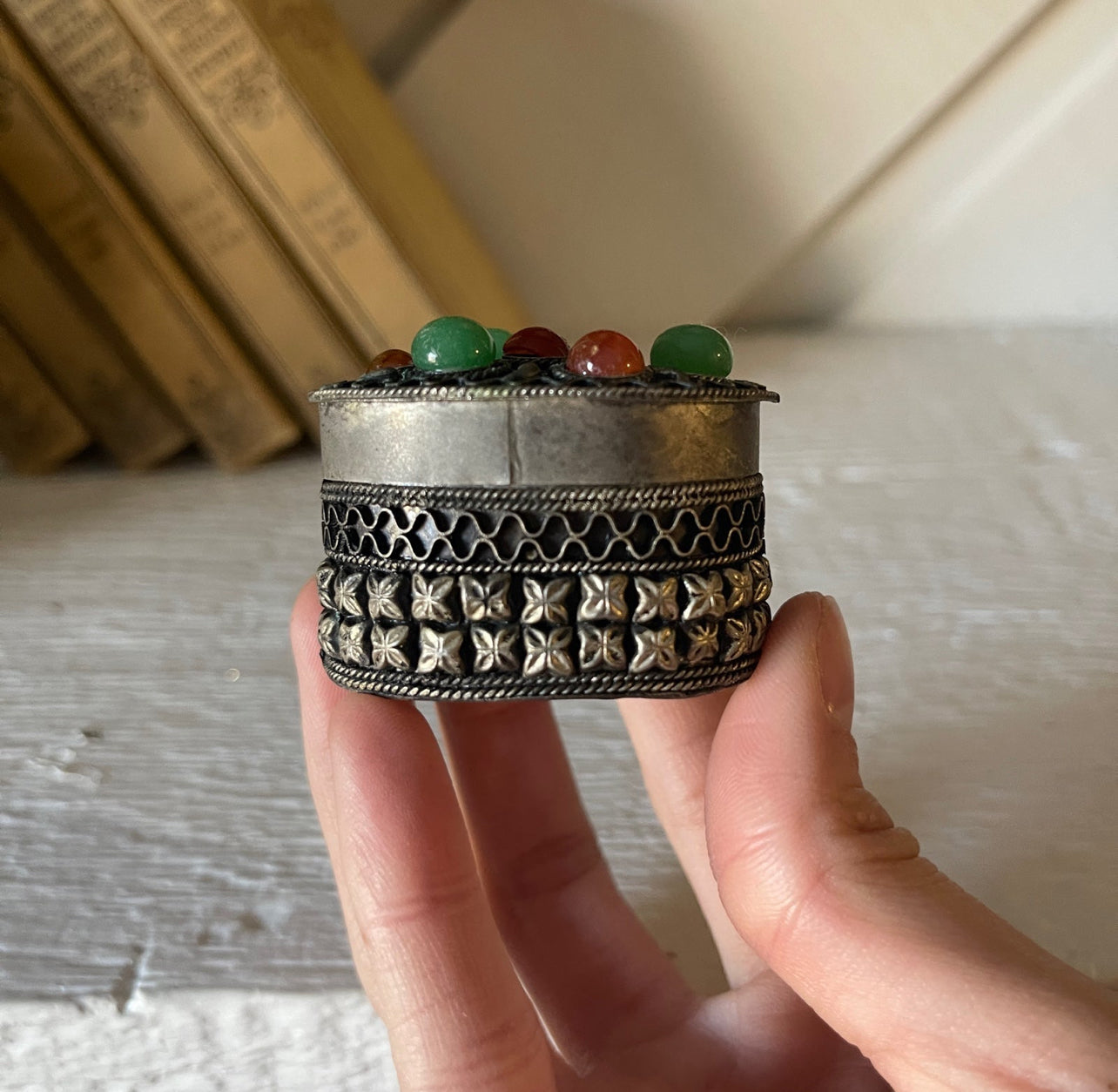 Etruscan Style Small Trinket Box with Blown Glass Cabochons