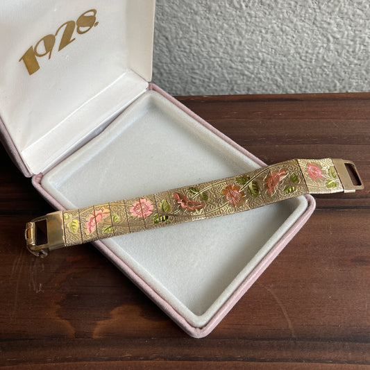 Vintage Gold Tone Floral Panels Mesh Bracelet