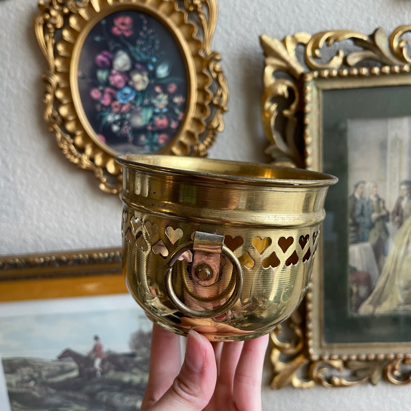 Vintage Brass Bowl with Pierced Hearts and circle Handles Made in India