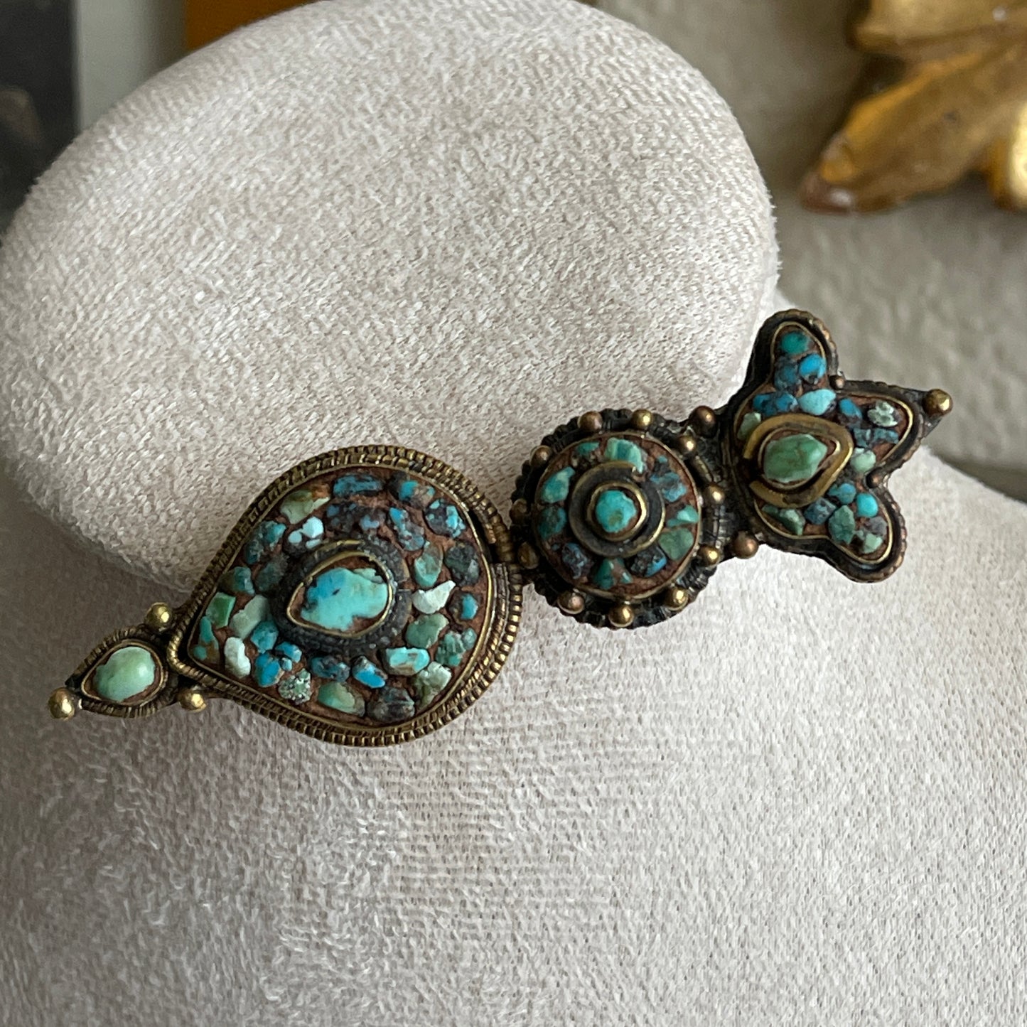 Vintage Tibetan Turquoise gold tone brooch pin