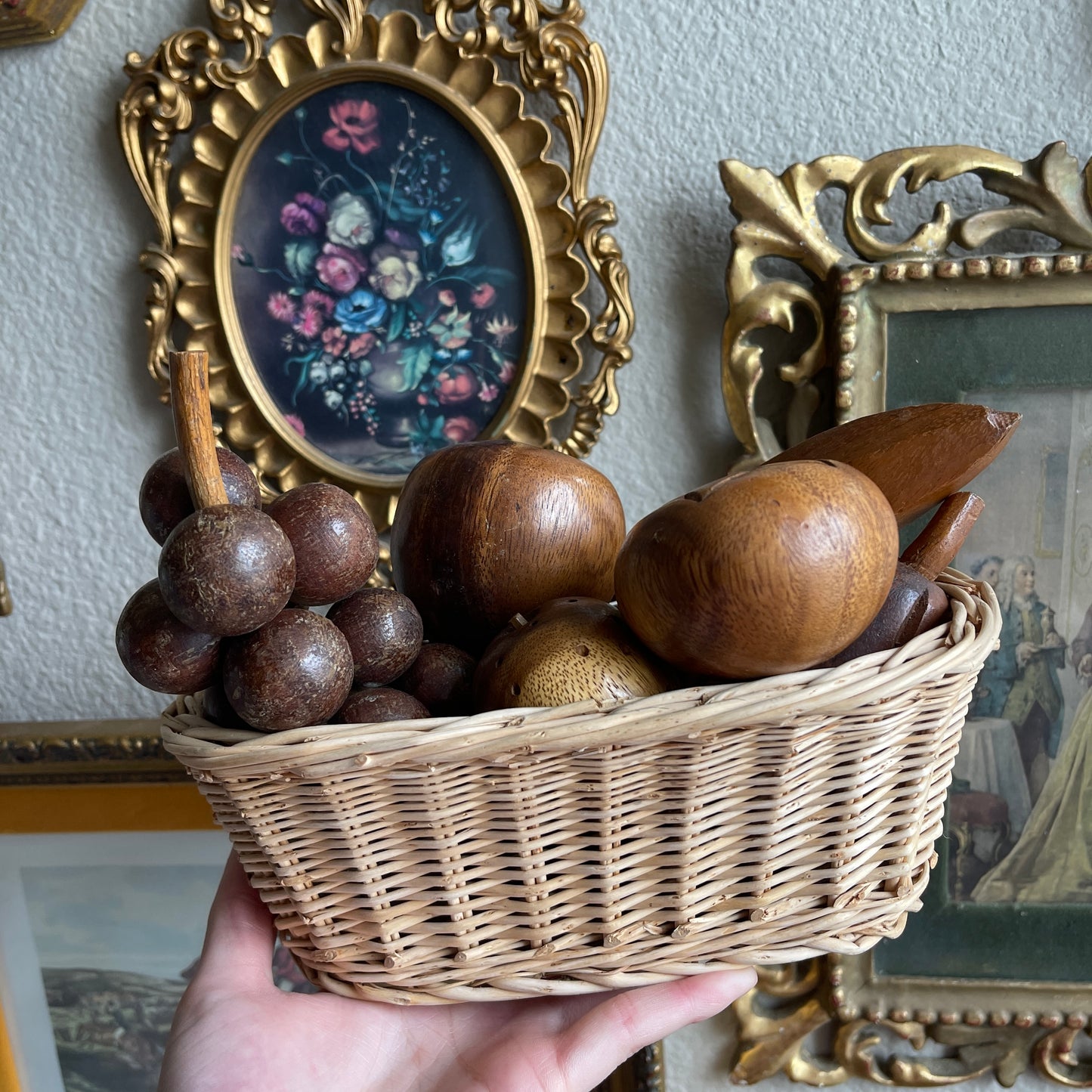 Vintage Carved Wooden Fruit and Basket Vintage 9 Piece Set