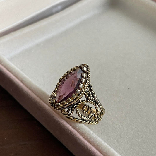 Vintage Filigree Ring Austrian Crystal Antiqued 18k Yellow