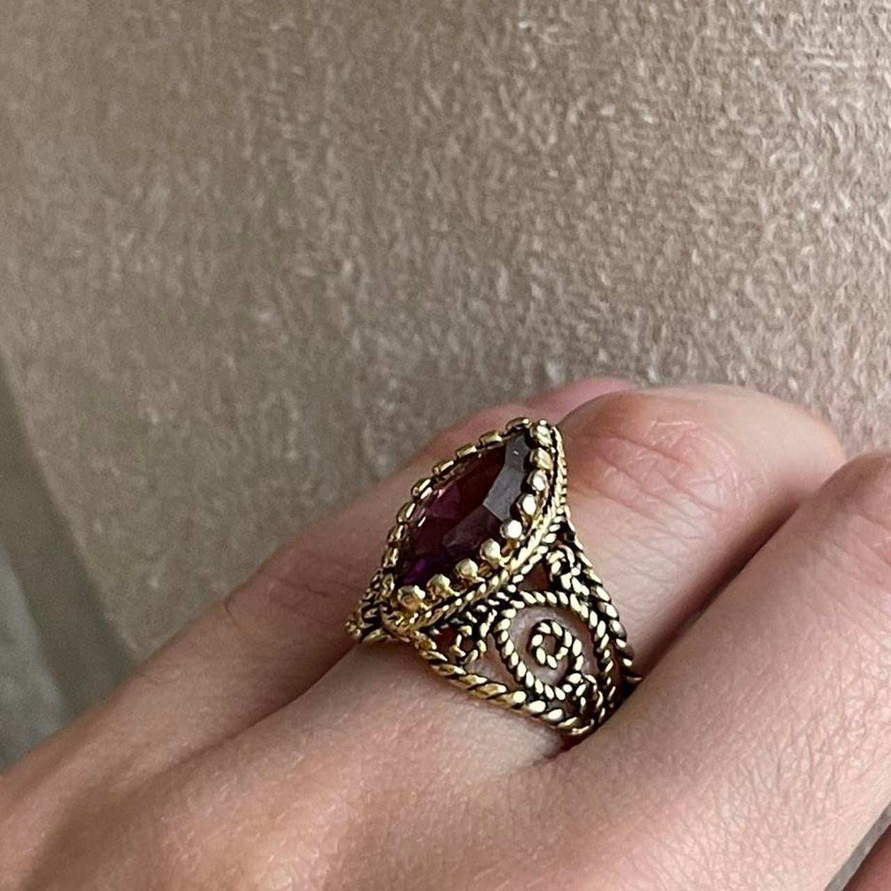 Vintage Filigree Ring Austrian Crystal Antiqued 18k Yellow