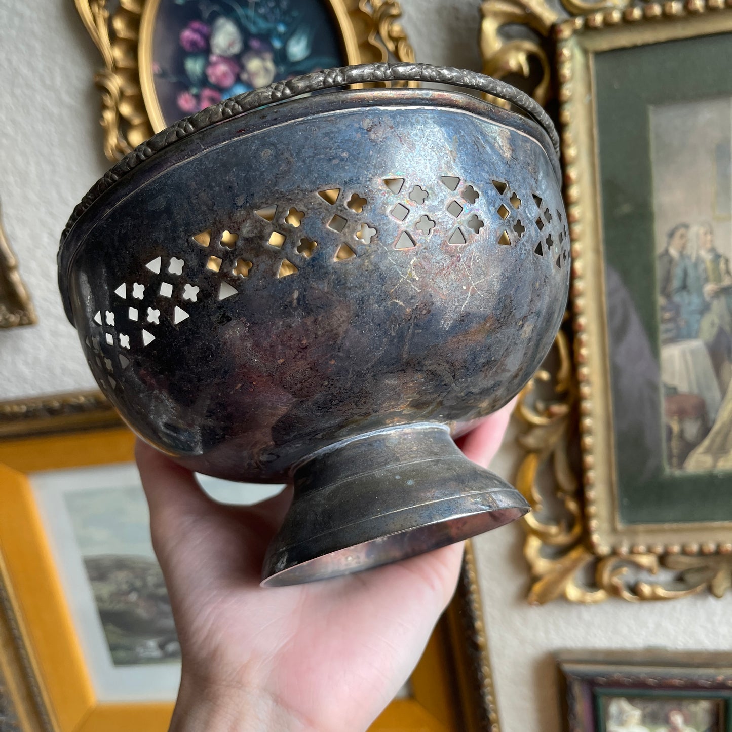 Vintage Pierced Silver Plate Basket Candy Bowl with Braid Handle