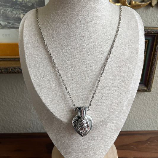 Art Nouveau Necklace Heart Perfume Vase Pendant Vessel Silver Tone